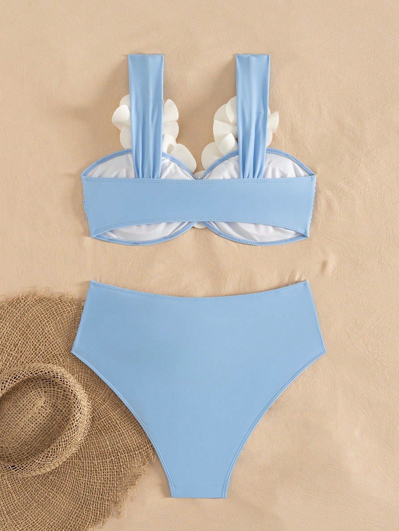 Bonvoyette Women Bikini Swimsuit,Blue And White 3D Floral Wireless Elegant Knitted 2-Piece Set,Summer Casual Beach Holiday Vacation Holiday Pool Party