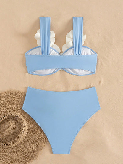 Bonvoyette Women Bikini Swimsuit,Blue And White 3D Floral Wireless Elegant Knitted 2-Piece Set,Summer Casual Beach Holiday Vacation Holiday Pool Party