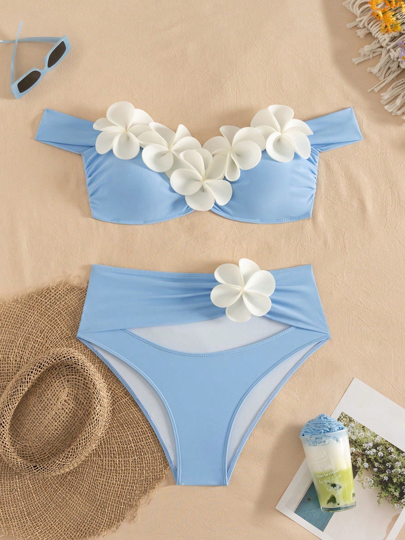 Bonvoyette Women Bikini Swimsuit,Blue And White 3D Floral Wireless Elegant Knitted 2-Piece Set,Summer Casual Beach Holiday Vacation Holiday Pool Party