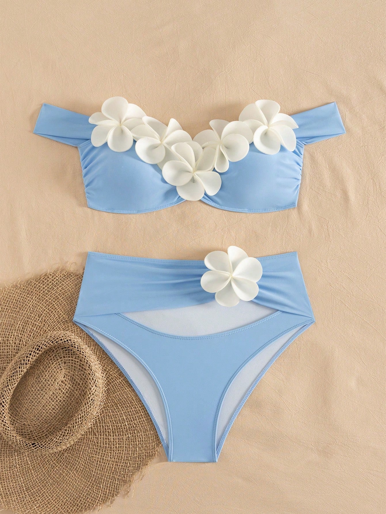 Bonvoyette Women Bikini Swimsuit,Blue And White 3D Floral Wireless Elegant Knitted 2-Piece Set,Summer Casual Beach Holiday Vacation Holiday Pool Party