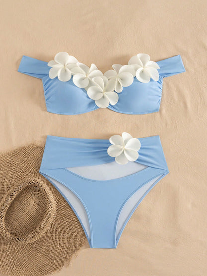 Bonvoyette Women Bikini Swimsuit,Blue And White 3D Floral Wireless Elegant Knitted 2-Piece Set,Summer Casual Beach Holiday Vacation Holiday Pool Party