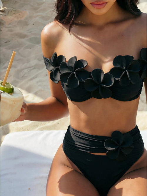 Bonvoyette Women Black 3D Floral 2-Piece Set Bikini Swimsuit,Wireless Elegant Casual Beach Holiday Vacation Holiday Summer New Year Party Pool Knitted Set