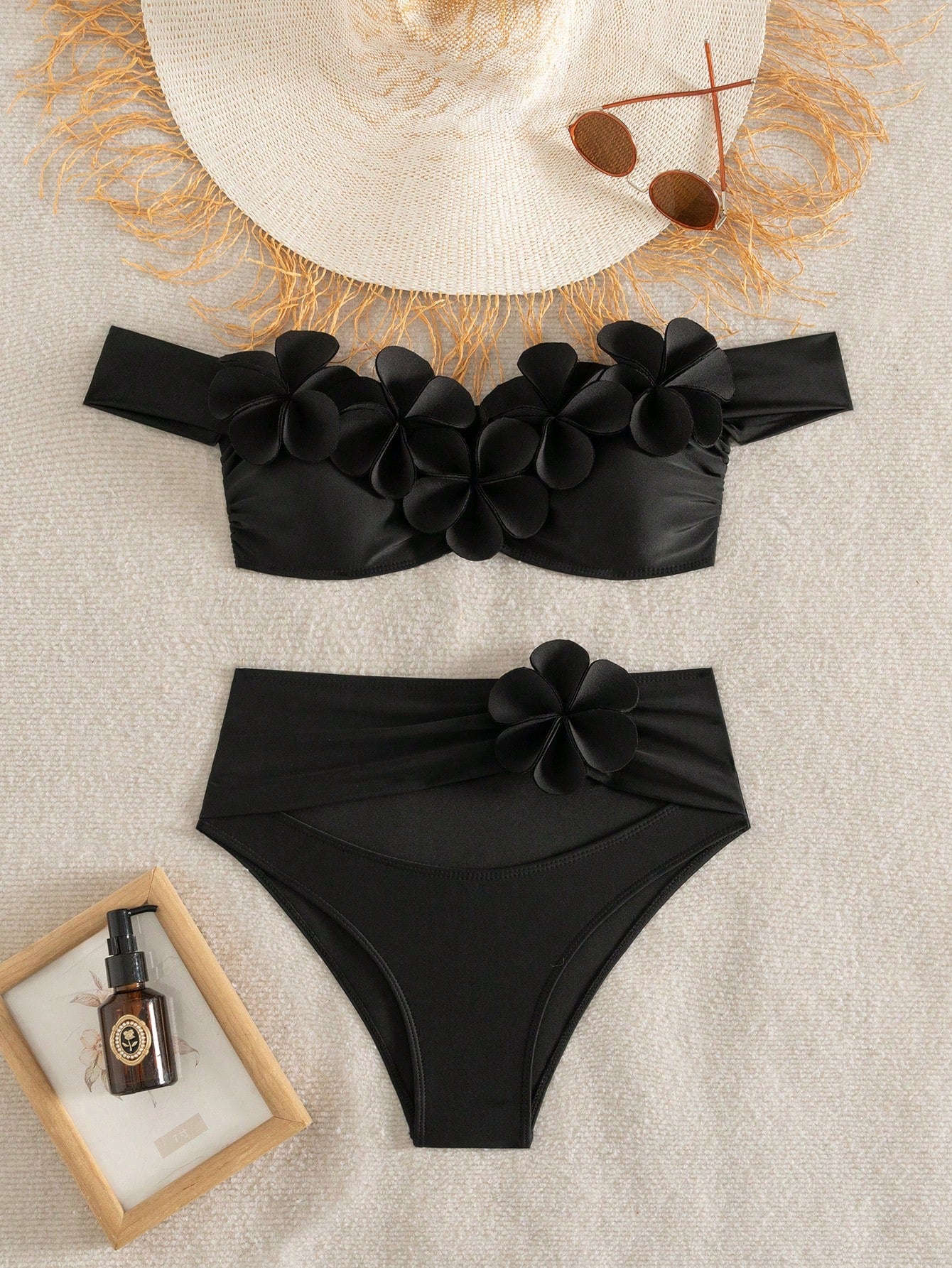 Bonvoyette Women Black 3D Floral 2-Piece Set Bikini Swimsuit,Wireless Elegant Casual Beach Holiday Vacation Holiday Summer New Year Party Pool Knitted Set