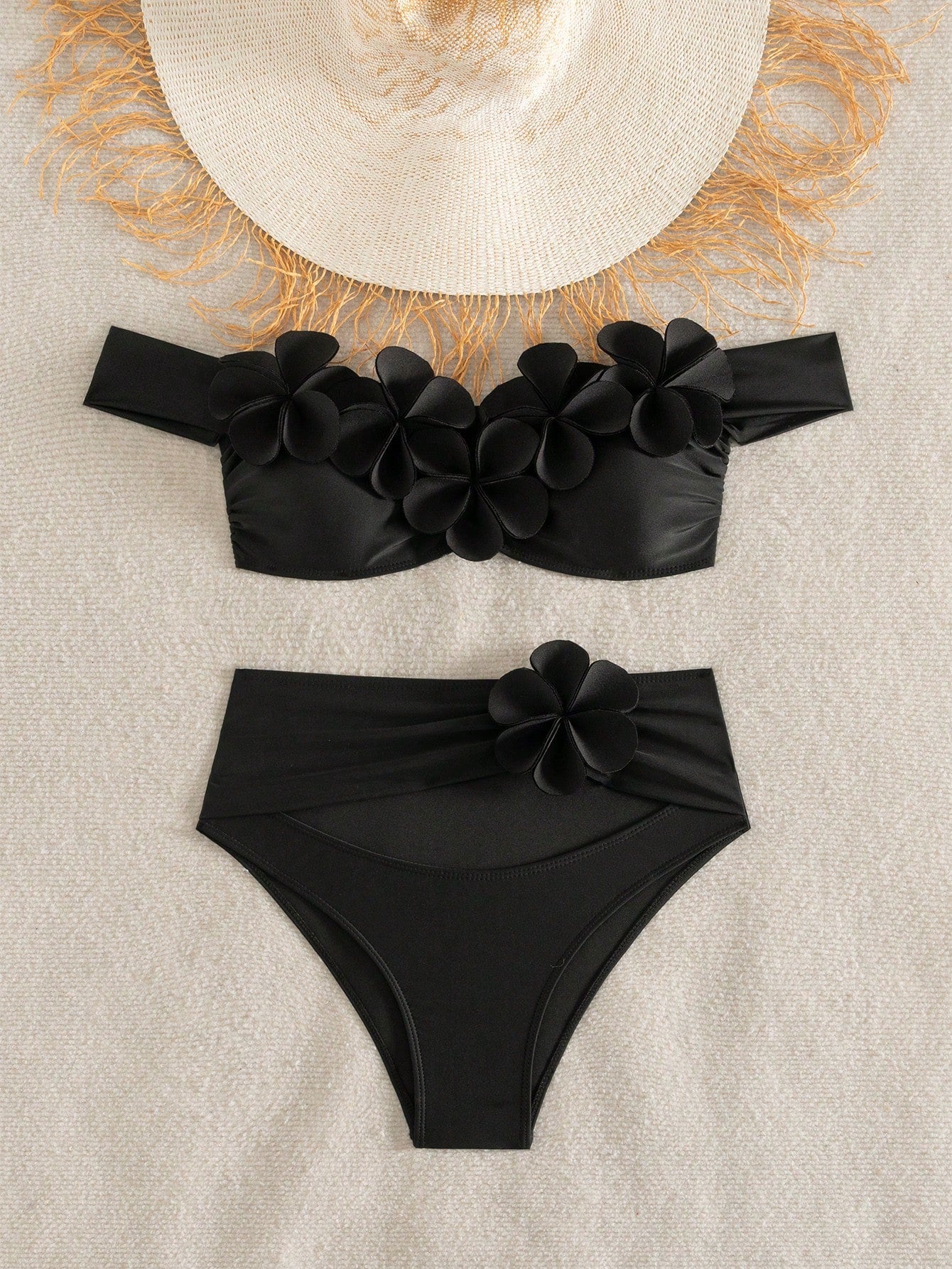 Bonvoyette Women Black 3D Floral 2-Piece Set Bikini Swimsuit,Wireless Elegant Casual Beach Holiday Vacation Holiday Summer New Year Party Pool Knitted Set