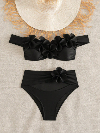 Bonvoyette Women Black 3D Floral 2-Piece Set Bikini Swimsuit,Wireless Elegant Casual Beach Holiday Vacation Holiday Summer New Year Party Pool Knitted Set