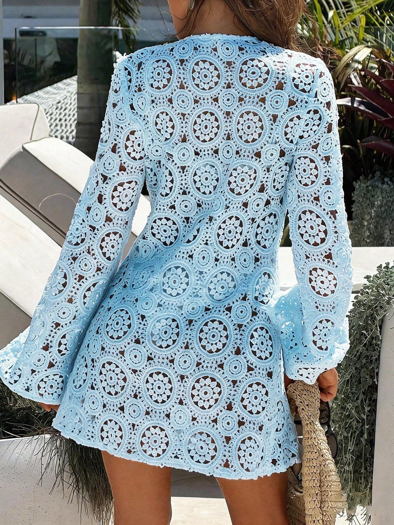 Bonvoyette Women Blue Summer Boho Beach Holiday Lace Hollow Long Sleeve V-Neck Crochet Dress Cover Up,Elegant Casual Vacation Country-Style Resort Wear Outfits