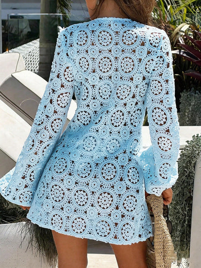 Bonvoyette Women Blue Summer Boho Beach Holiday Lace Hollow Long Sleeve V-Neck Crochet Dress Cover Up,Elegant Casual Vacation Country-Style Resort Wear Outfits