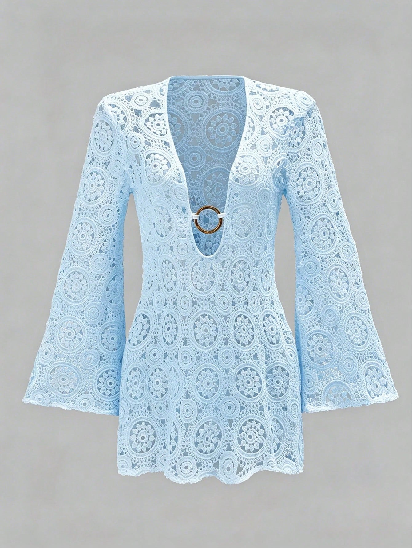 Bonvoyette Women Blue Summer Boho Beach Holiday Lace Hollow Long Sleeve V-Neck Crochet Dress Cover Up,Elegant Casual Vacation Country-Style Resort Wear Outfits