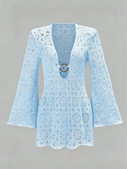 Bonvoyette Women Blue Summer Boho Beach Holiday Lace Hollow Long Sleeve V-Neck Crochet Dress Cover Up,Elegant Casual Vacation Country-Style Resort Wear Outfits