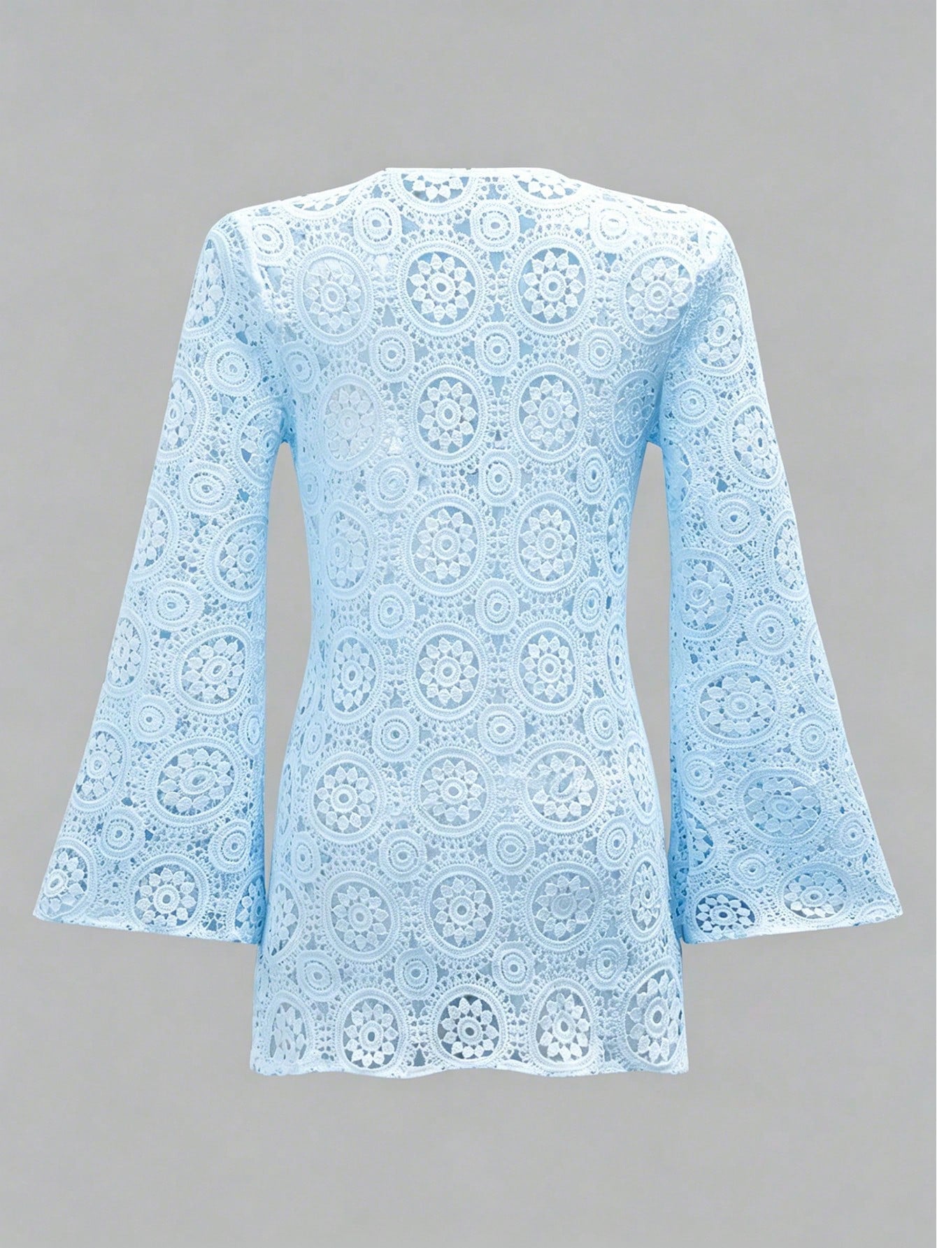 Bonvoyette Women Blue Summer Boho Beach Holiday Lace Hollow Long Sleeve V-Neck Crochet Dress Cover Up,Elegant Casual Vacation Country-Style Resort Wear Outfits
