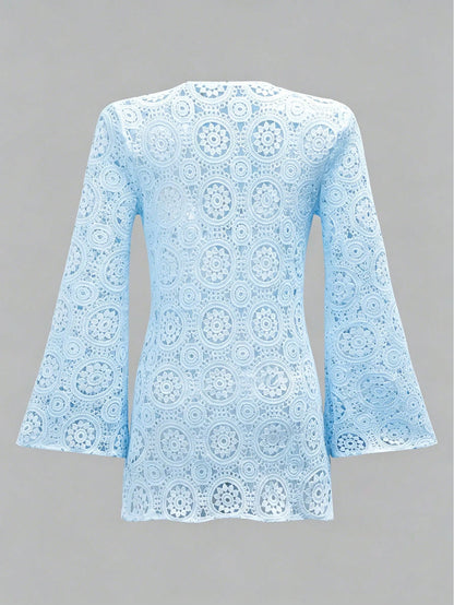Bonvoyette Women Blue Summer Boho Beach Holiday Lace Hollow Long Sleeve V-Neck Crochet Dress Cover Up,Elegant Casual Vacation Country-Style Resort Wear Outfits