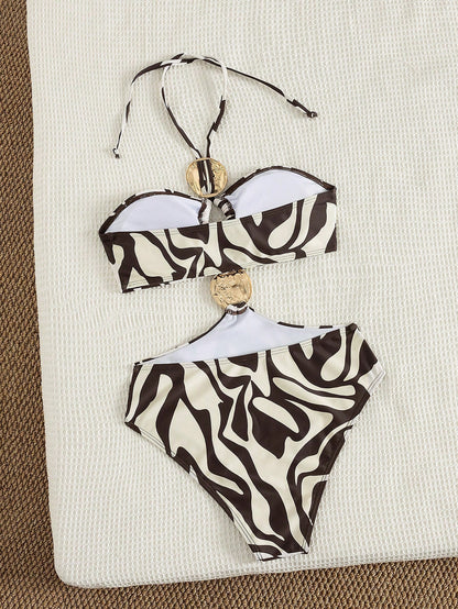 Bonvoyette Women's Beach Music Festival Spring/Summer Pattern Print Metallic Accessories Strapped Neck Fashion Elegant Refinement One-Piece Swimsuit