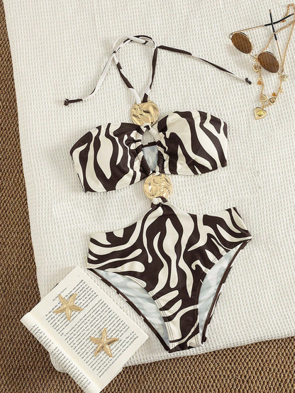 Bonvoyette Women's Beach Music Festival Spring/Summer Pattern Print Metallic Accessories Strapped Neck Fashion Elegant Refinement One-Piece Swimsuit