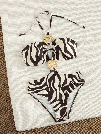 Bonvoyette Women's Beach Music Festival Spring/Summer Pattern Print Metallic Accessories Strapped Neck Fashion Elegant Refinement One-Piece Swimsuit