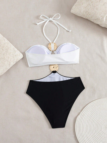 Bonvoyette Women's Beach Music Festival Spring/Summer Pattern Print Metallic Accessories Strapped Neck Fashion Elegant Refinement One-Piece Swimsuit