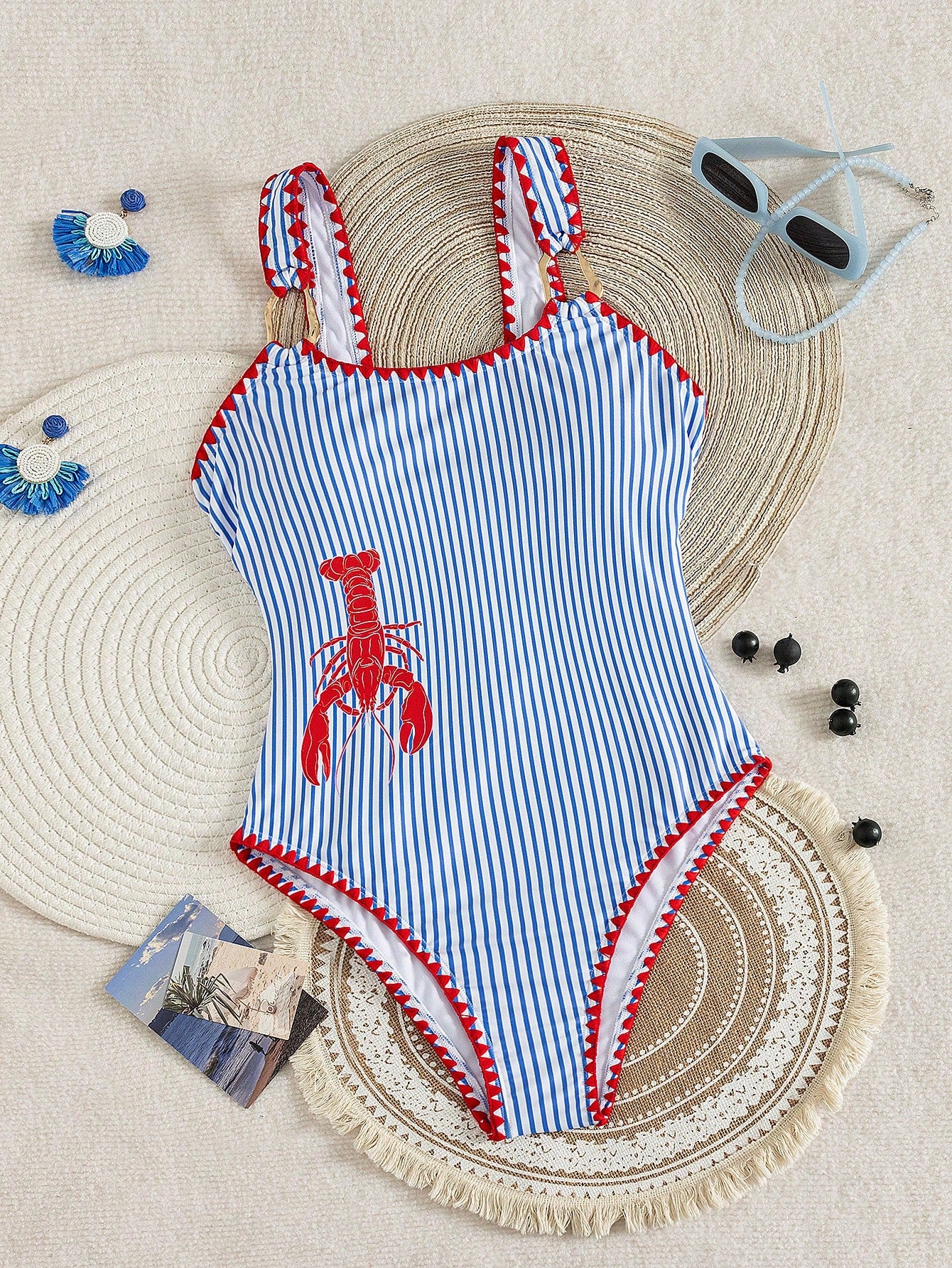 Bonvoyette Women's Blue And White Striped One Piece Swimsuit,Summer Cute Holiday Beachwear,Pool Party Holiday,Vibrant Peacock Feather Mandala Print Swimwear