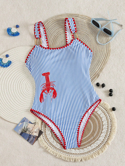 Bonvoyette Women's Blue And White Striped One Piece Swimsuit,Summer Cute Holiday Beachwear,Pool Party Holiday,Vibrant Peacock Feather Mandala Print Swimwear
