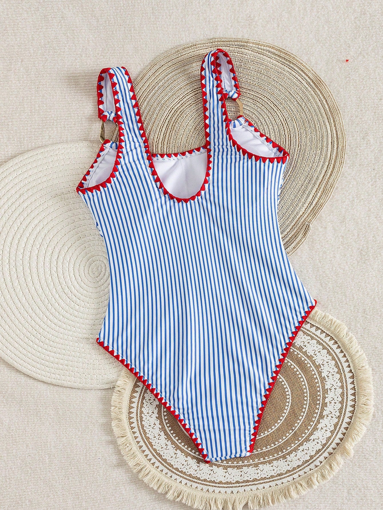 Bonvoyette Women's Blue And White Striped One Piece Swimsuit,Summer Cute Holiday Beachwear,Pool Party Holiday,Vibrant Peacock Feather Mandala Print Swimwear