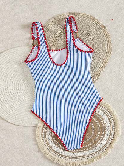 Bonvoyette Women's Blue And White Striped One Piece Swimsuit,Summer Cute Holiday Beachwear,Pool Party Holiday,Vibrant Peacock Feather Mandala Print Swimwear