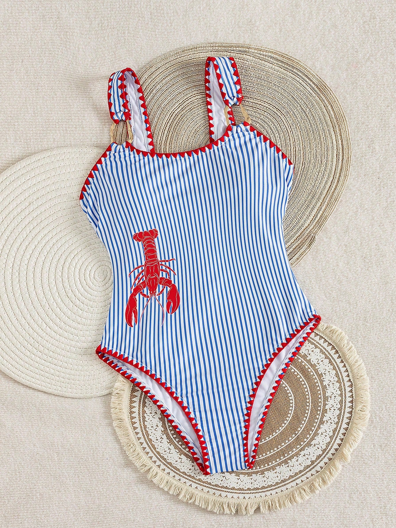 Bonvoyette Women's Blue And White Striped One Piece Swimsuit,Summer Cute Holiday Beachwear,Pool Party Holiday,Vibrant Peacock Feather Mandala Print Swimwear