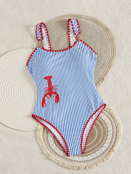Bonvoyette Women's Blue And White Striped One Piece Swimsuit,Summer Cute Holiday Beachwear,Pool Party Holiday,Vibrant Peacock Feather Mandala Print Swimwear