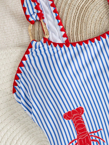 Bonvoyette Women's Blue And White Striped One Piece Swimsuit,Summer Cute Holiday Beachwear,Pool Party Holiday,Vibrant Peacock Feather Mandala Print Swimwear