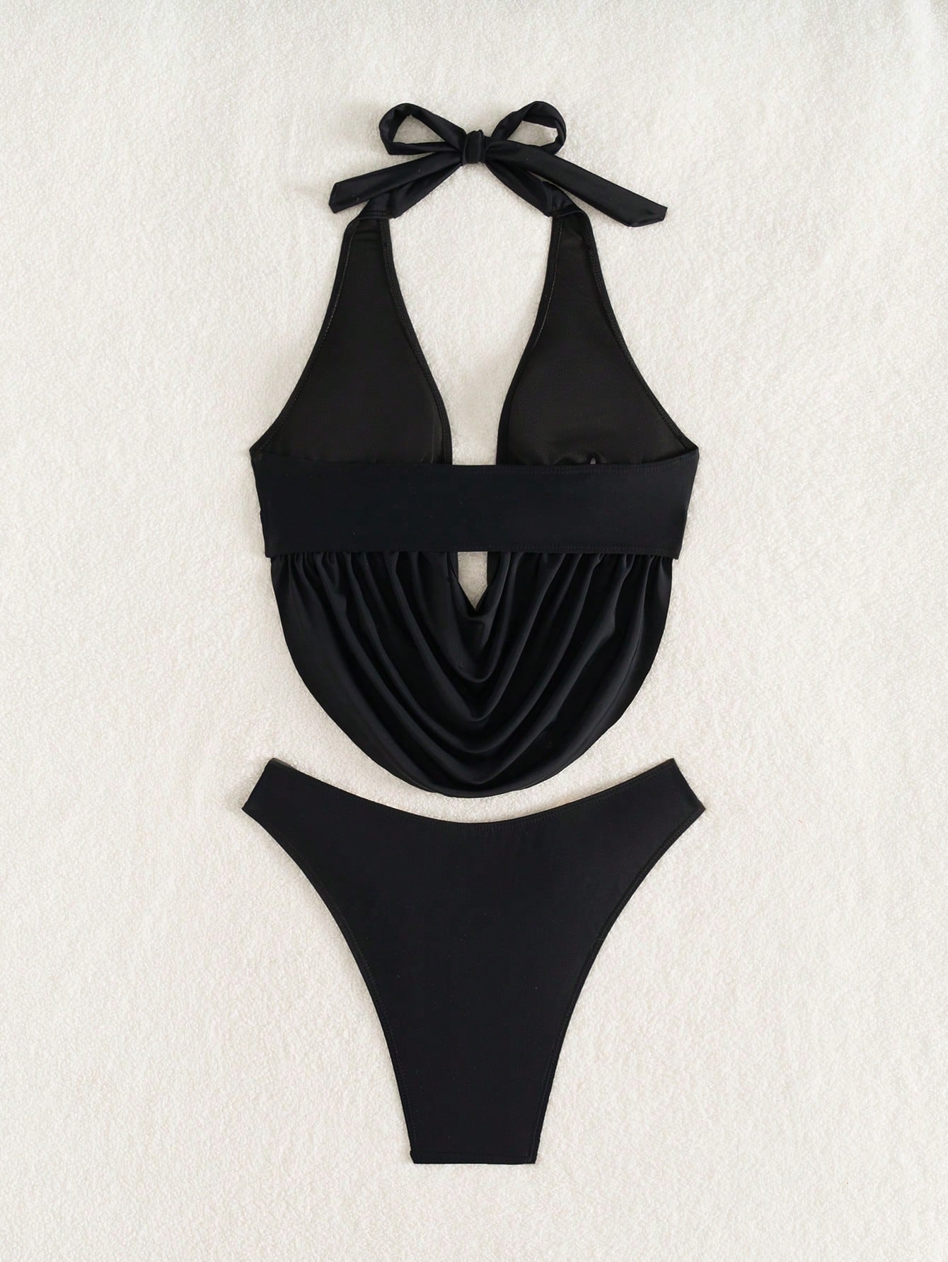 Bonvoyette Women's Deep V-Neck Black Casual Beach Vacation Crop Top And Solid Color High Cut Bikini Bottom 2-Piece Swimwear, Summer Black Bathing Suit Women