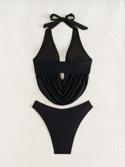Bonvoyette Women's Deep V-Neck Black Casual Beach Vacation Crop Top And Solid Color High Cut Bikini Bottom 2-Piece Swimwear, Summer Black Bathing Suit Women