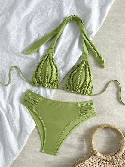 Bonvoyette Women's Elegant Casual Vacation Halter Bikini Set, Handmade Rope Island Pool Party Swimwear