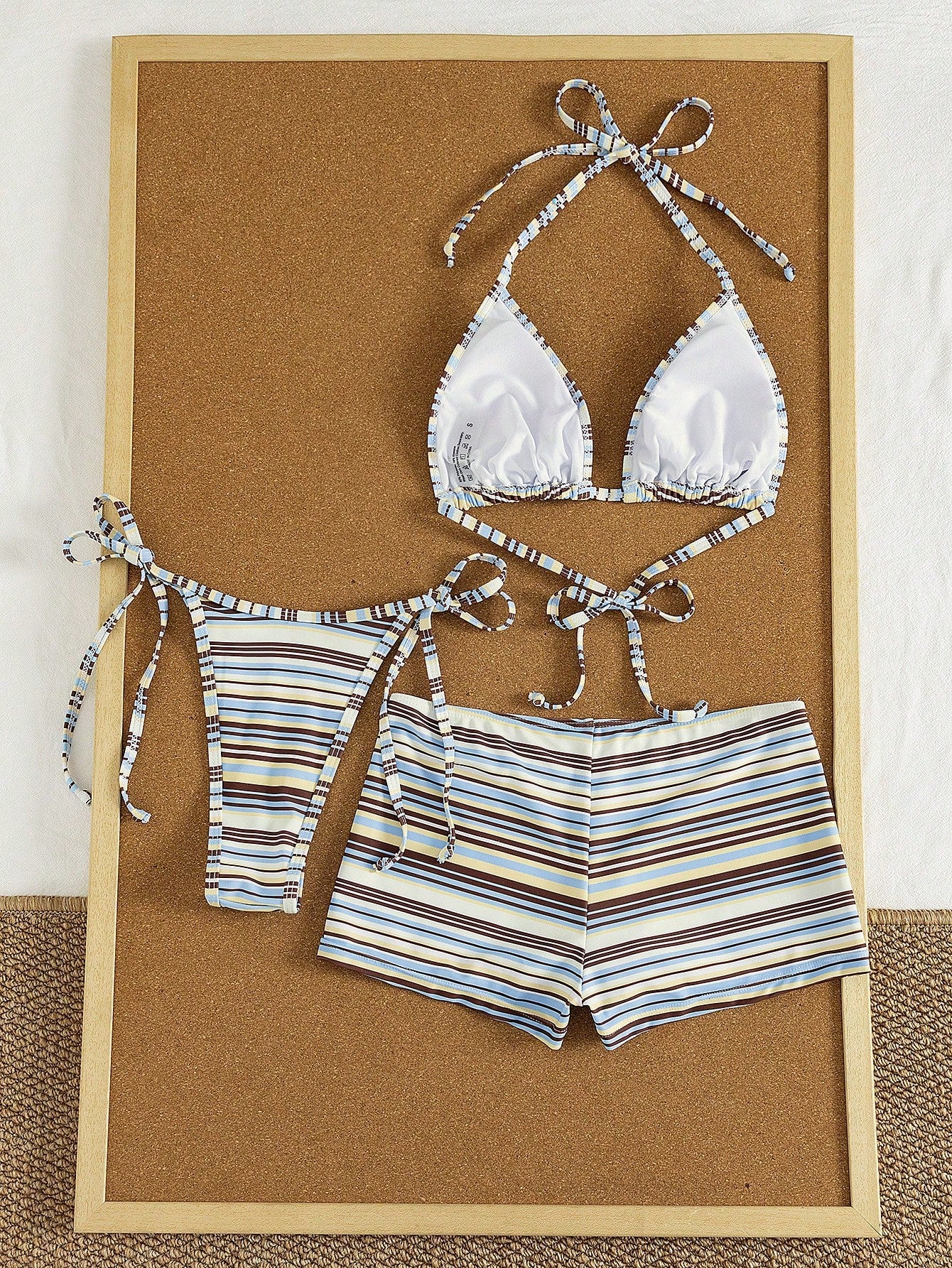 Bonvoyette Women's Halter Striped Tie-Front Tankini Top And Swim Shorts 3-Piece Set, Beach Vacation Bikini, Spring/Summer