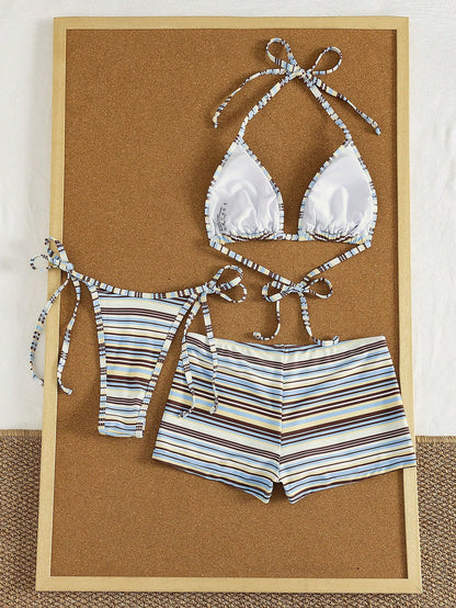 Bonvoyette Women's Halter Striped Tie-Front Tankini Top And Swim Shorts 3-Piece Set, Beach Vacation Bikini, Spring/Summer