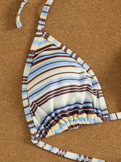 Bonvoyette Women's Halter Striped Tie-Front Tankini Top And Swim Shorts 3-Piece Set, Beach Vacation Bikini, Spring/Summer