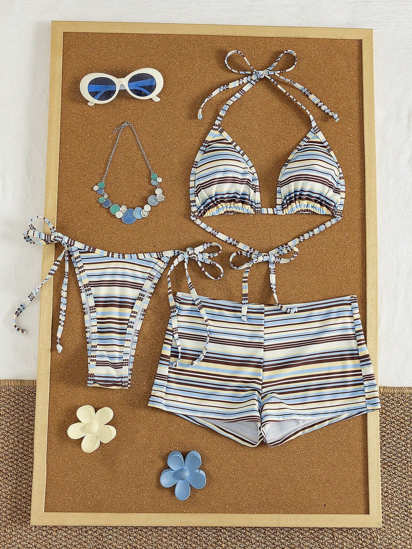 Bonvoyette Women's Halter Striped Tie-Front Tankini Top And Swim Shorts 3-Piece Set, Beach Vacation Bikini, Spring/Summer