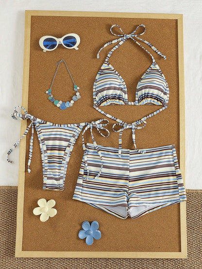 Bonvoyette Women's Halter Striped Tie-Front Tankini Top And Swim Shorts 3-Piece Set, Beach Vacation Bikini, Spring/Summer