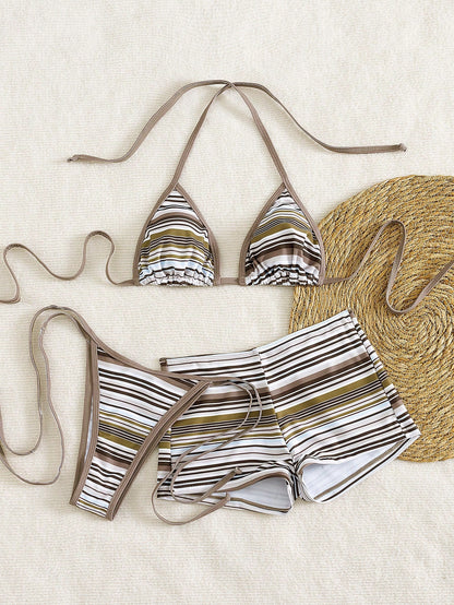 Bonvoyette Women's Halter Striped Tie-Front Tankini Top And Swim Shorts 3-Piece Set, Beach Vacation Bikini, Spring/Summer
