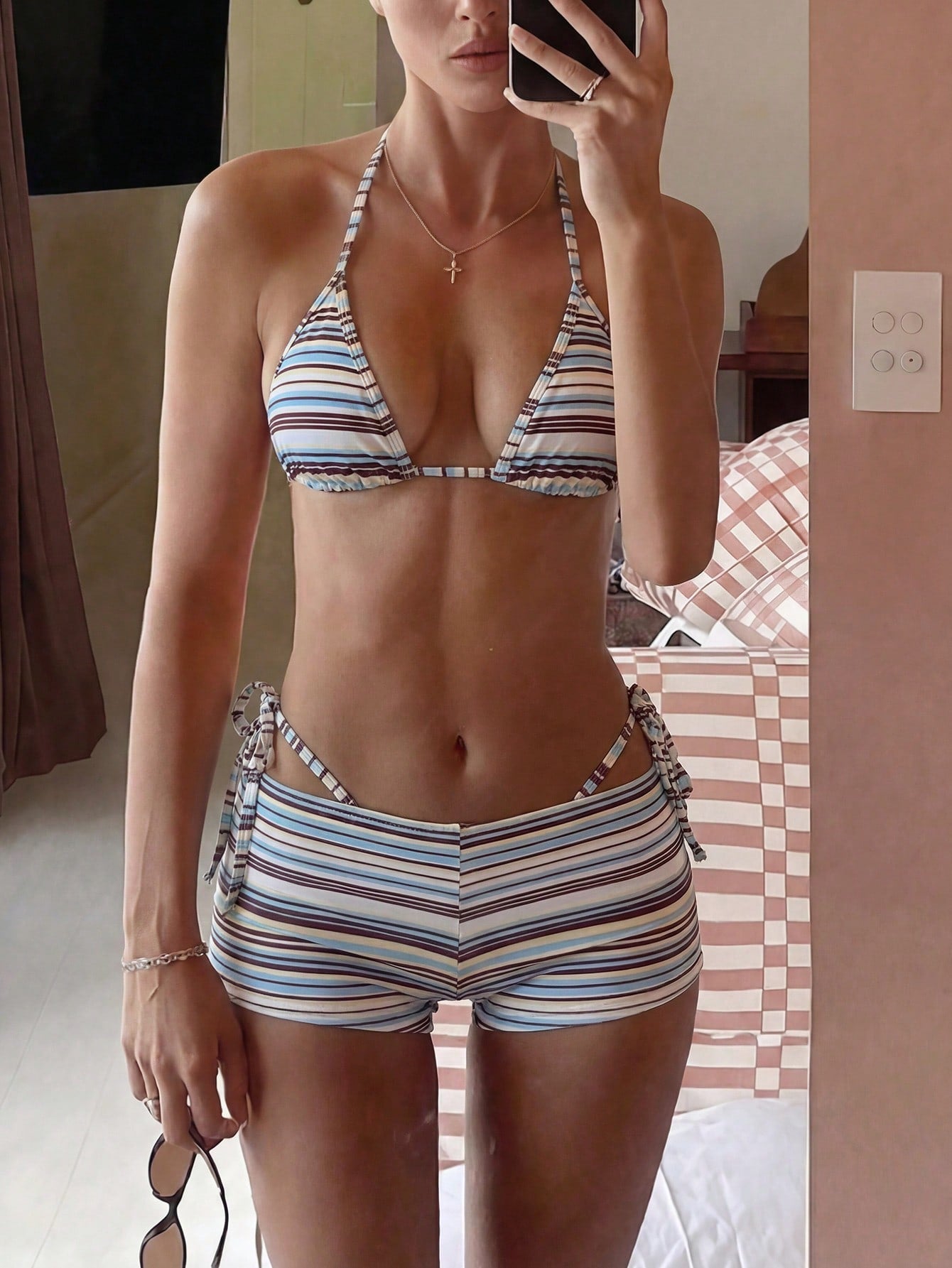 Bonvoyette Women's Halter Striped Tie-Front Tankini Top And Swim Shorts 3-Piece Set, Beach Vacation Bikini, Spring/Summer