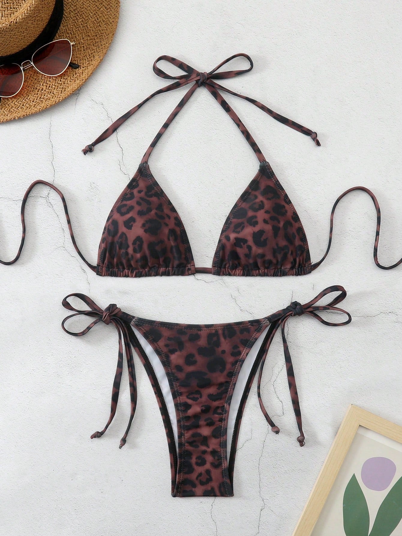 Bonvoyette Women's Sexy Deep-Colored Leopard Print Swimwear, Halter Neck Fashionable Bikini Set