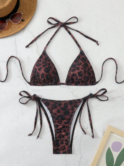 Bonvoyette Women's Sexy Deep-Colored Leopard Print Swimwear, Halter Neck Fashionable Bikini Set