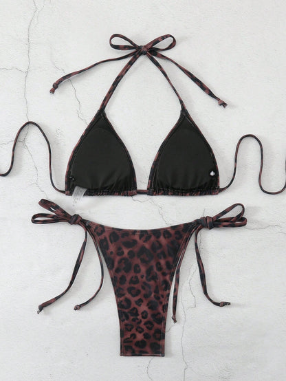 Bonvoyette Women's Sexy Deep-Colored Leopard Print Swimwear, Halter Neck Fashionable Bikini Set