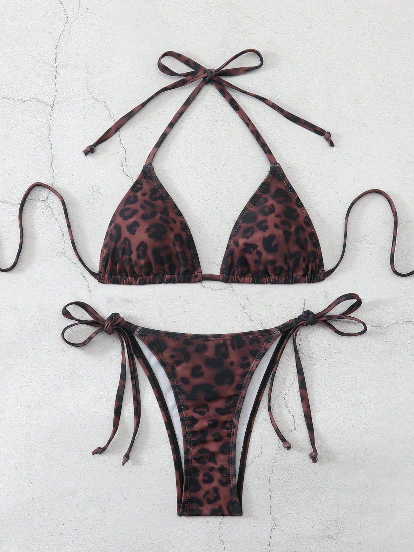 Bonvoyette Women's Sexy Deep-Colored Leopard Print Swimwear, Halter Neck Fashionable Bikini Set