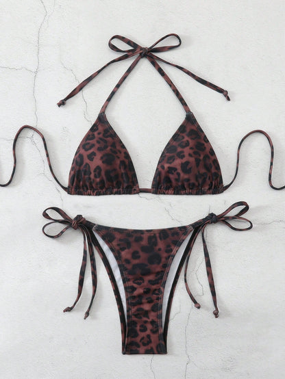 Bonvoyette Women's Sexy Deep-Colored Leopard Print Swimwear, Halter Neck Fashionable Bikini Set