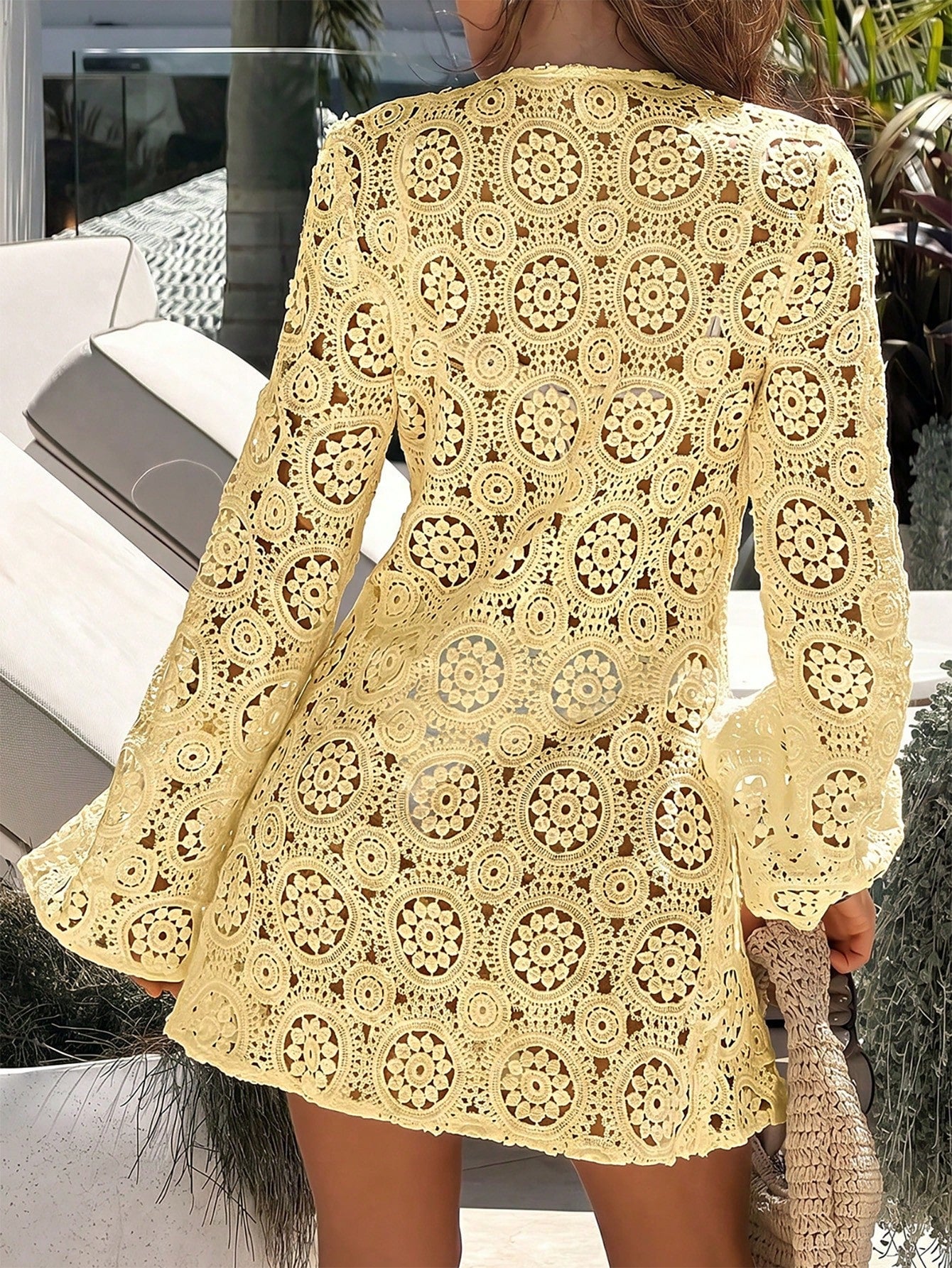 Bonvoyette Women's Solid Color Lace Hollow Long Sleeve V-Neck Beach Vacation Cover-Up