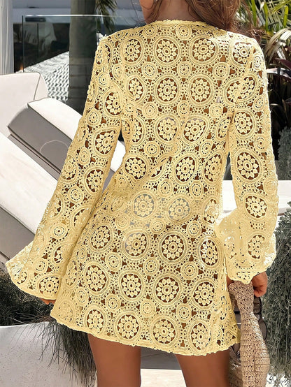 Bonvoyette Women's Solid Color Lace Hollow Long Sleeve V-Neck Beach Vacation Cover-Up