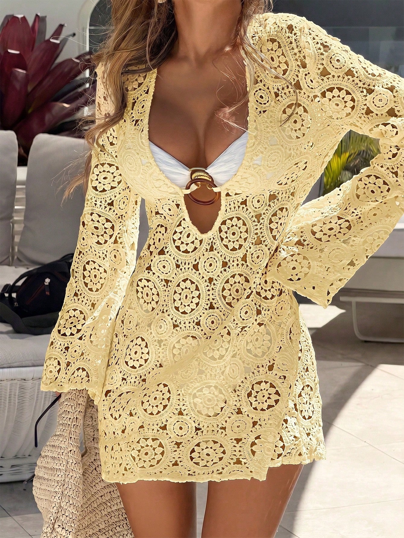 Bonvoyette Women's Solid Color Lace Hollow Long Sleeve V-Neck Beach Vacation Cover-Up