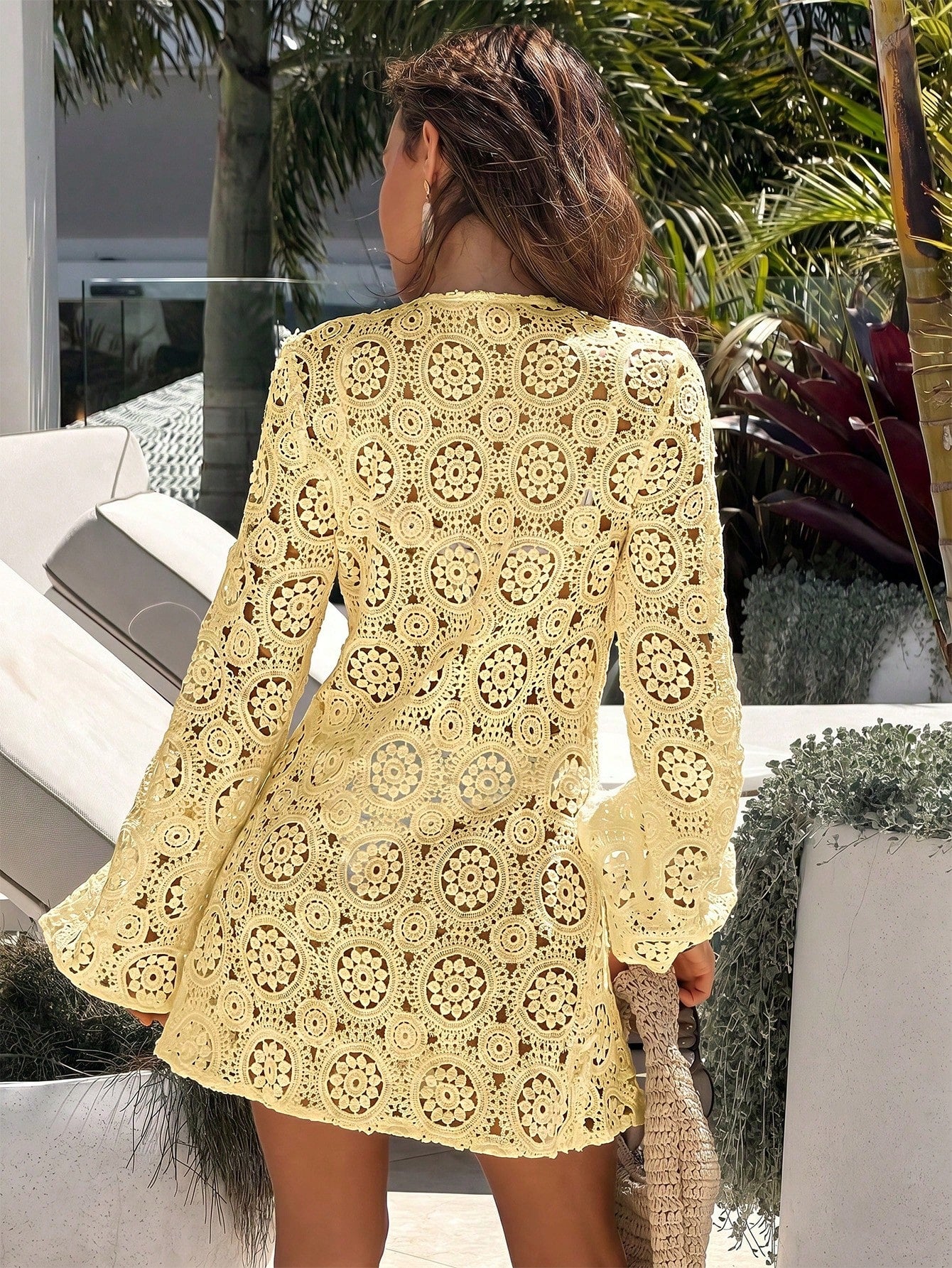 Bonvoyette Women's Solid Color Lace Hollow Long Sleeve V-Neck Beach Vacation Cover-Up