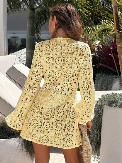 Bonvoyette Women's Solid Color Lace Hollow Long Sleeve V-Neck Beach Vacation Cover-Up
