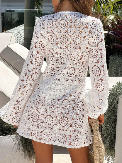 Bonvoyette Women's Solid Color Lace Hollow Long Sleeve V-Neck Beach Vacation Cover-Up