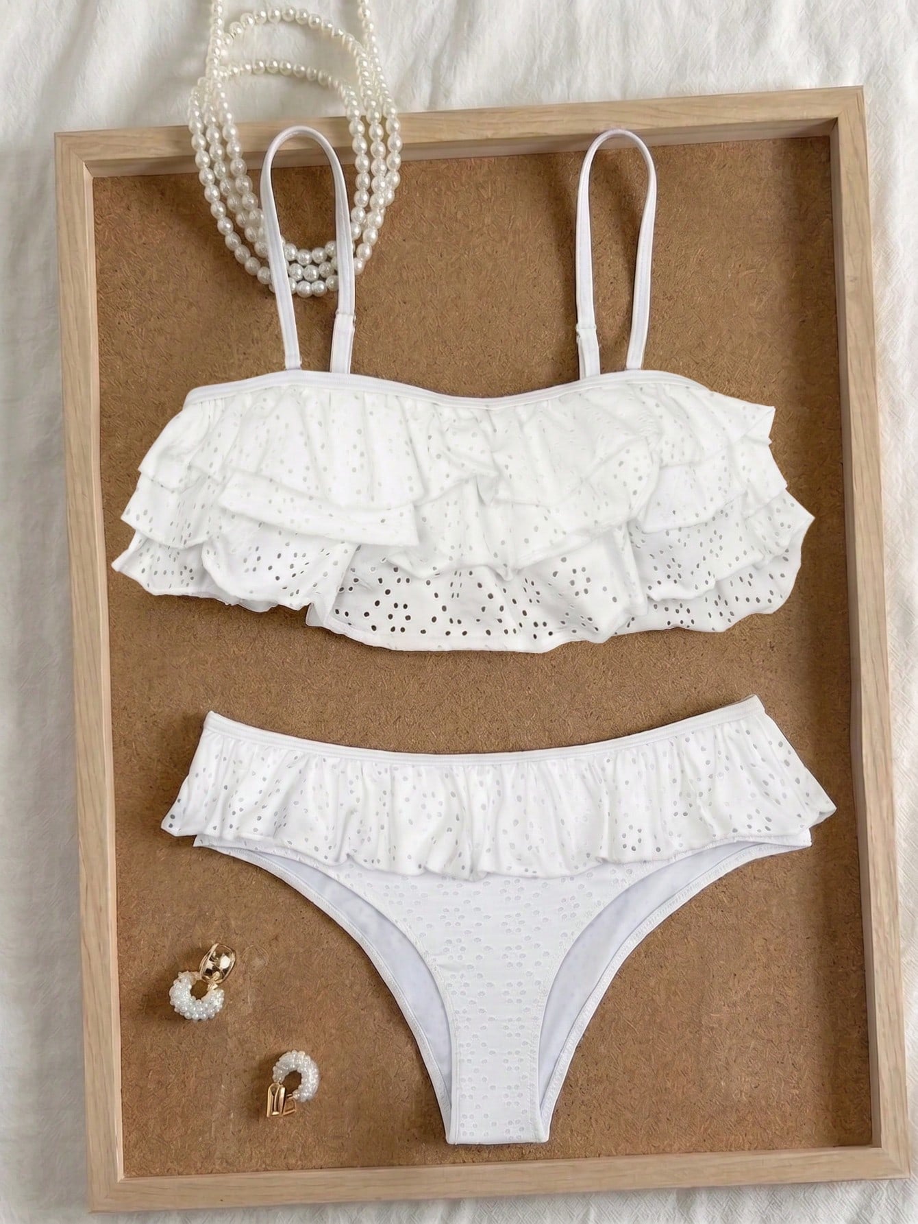 Bonvoyette Women's Spring/Summer Jacquard Fabric Spaghetti Strap Bandeau Pleated Bikini Set