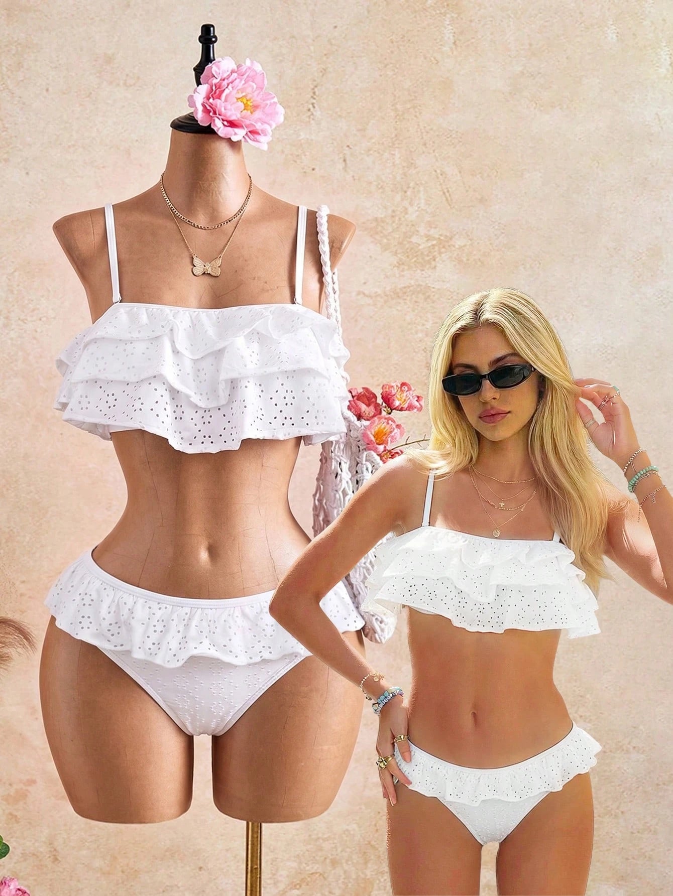 Bonvoyette Women's Spring/Summer Jacquard Fabric Spaghetti Strap Bandeau Pleated Bikini Set