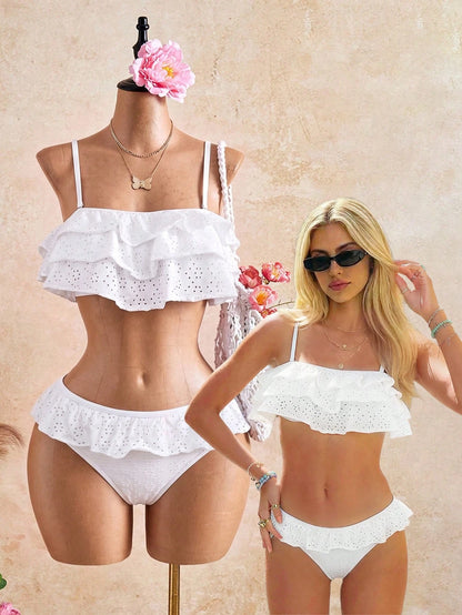 Bonvoyette Women's Spring/Summer Jacquard Fabric Spaghetti Strap Bandeau Pleated Bikini Set